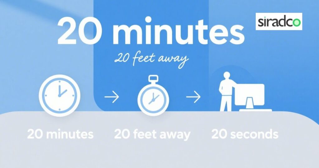 20-20-20 rule infographic showing 20 minutes, 20 feet, 20 seconds for eye strain relief
