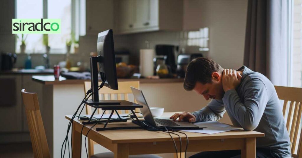 Bad desk posture example showing poor home office ergonomics with laptop on low table causing neck and back strain