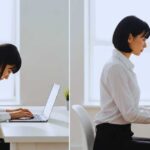 Bad posture vs good posture comparison showing office worker at desk demonstrating proper and improper sitting positions Image 2 Workplace Scenario (In H2 Bad Posture in Workplace Scenarios) Place