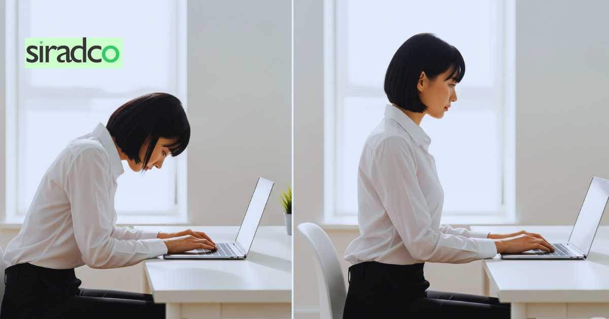 Bad posture vs good posture comparison showing office worker at desk demonstrating proper and improper sitting positions Image 2 Workplace Scenario (In H2 Bad Posture in Workplace Scenarios) Place