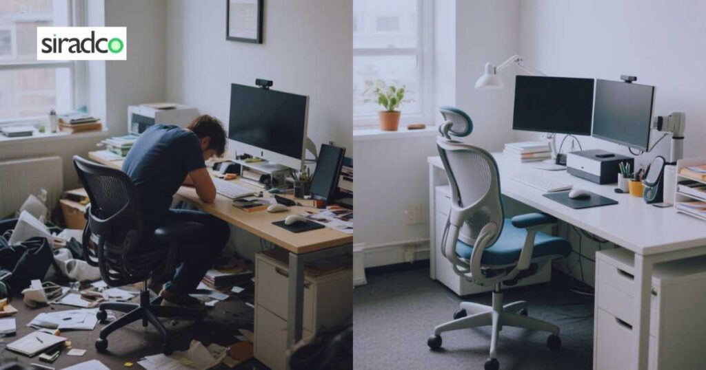 "Before & After" Ergonomic Desk Setup Comparison