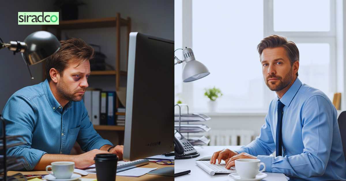 Before and after comparison showing how better sleep improves work performance and reduces sleep deprivation effects