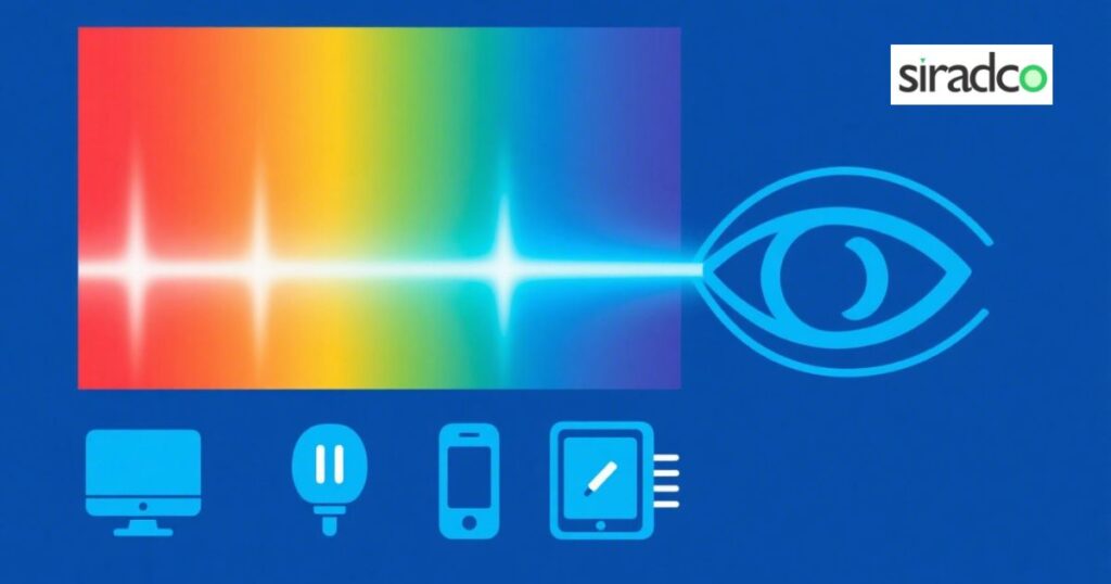 Blue light spectrum diagram showing wavelengths and common sources of blue light exposure