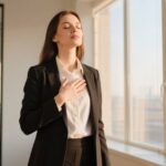 Business professional practicing breathing exercise for energy in bright office setting