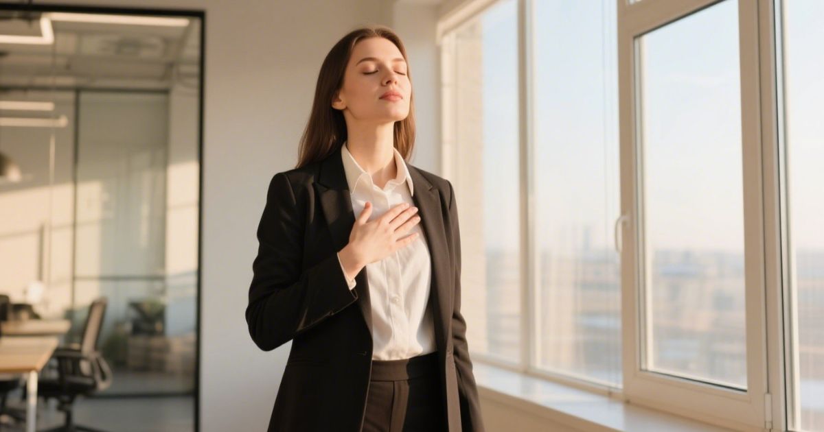 Business professional practicing breathing exercise for energy in bright office setting