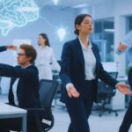 Busy professionals performing brain-boosting exercises for focus in modern office environment