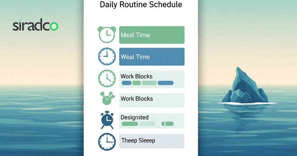 Circadian cycle in humans daily routine schedule showing optimal timing for meals, work, and sleep