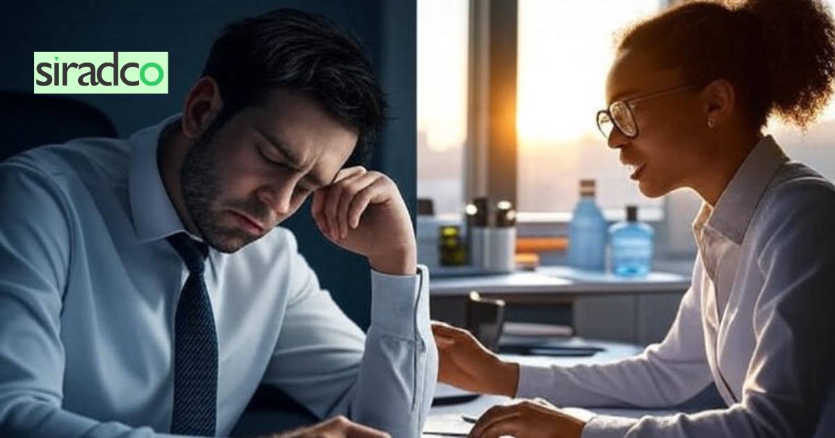 Circadian rhythm and productivity comparison showing tired vs energetic office worker with clock symbols