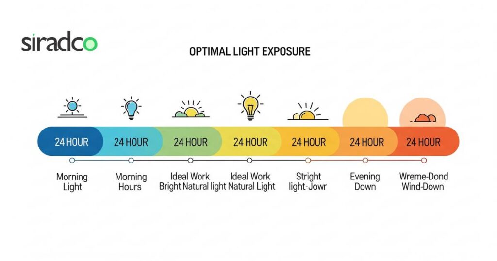 Circadian rhythm light therapy timeline infographic showing optimal light exposure for productivity throughout the day
