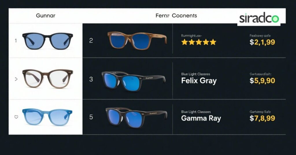 Comparison chart of best blue light blocking glasses for computer eye strain