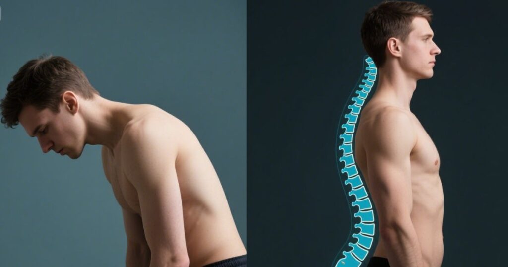 Comparison of poor vs correct sitting posture showing spine alignment