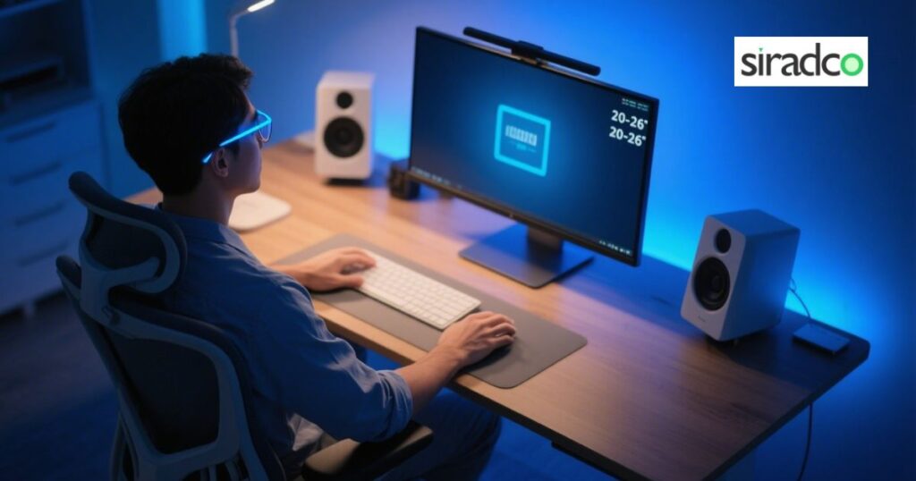 Ergonomic computer workspace setup to prevent eye strain with proper screen positioning
