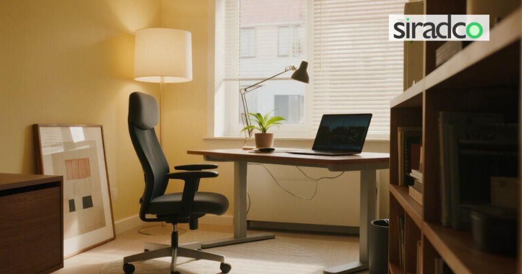 Ergonomic home office setup for remote work mental health with proper lighting and workspace boundaries