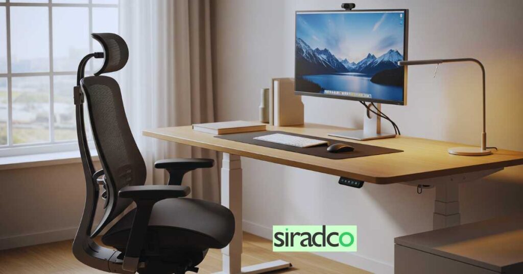 Ergonomic office setup with standing desk, lumbar support chair, and proper monitor height to prevent bad computer posture
