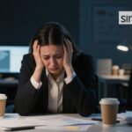 Exhausted office worker showing signs of workplace burnout at desk with paperwork