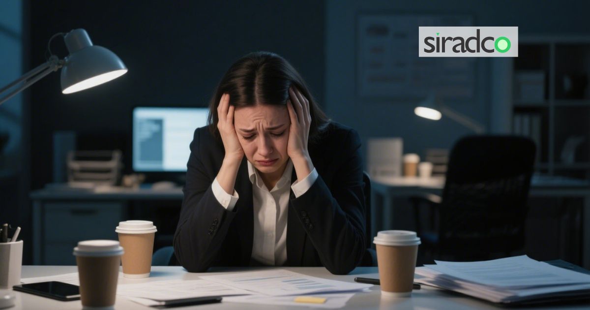 Exhausted office worker showing signs of workplace burnout at desk with paperwork