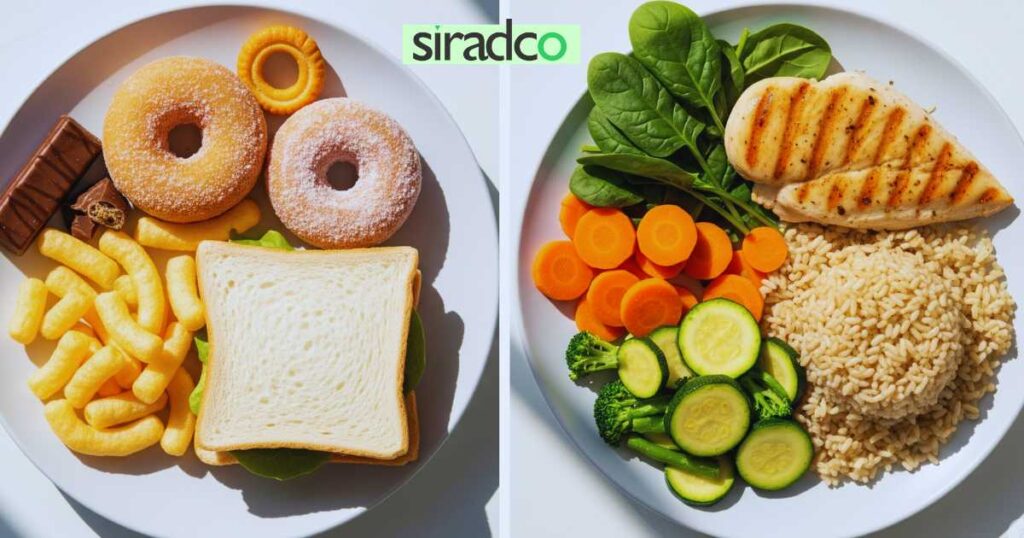 Healthy balanced lunch vs processed foods comparison for preventing afternoon energy crash