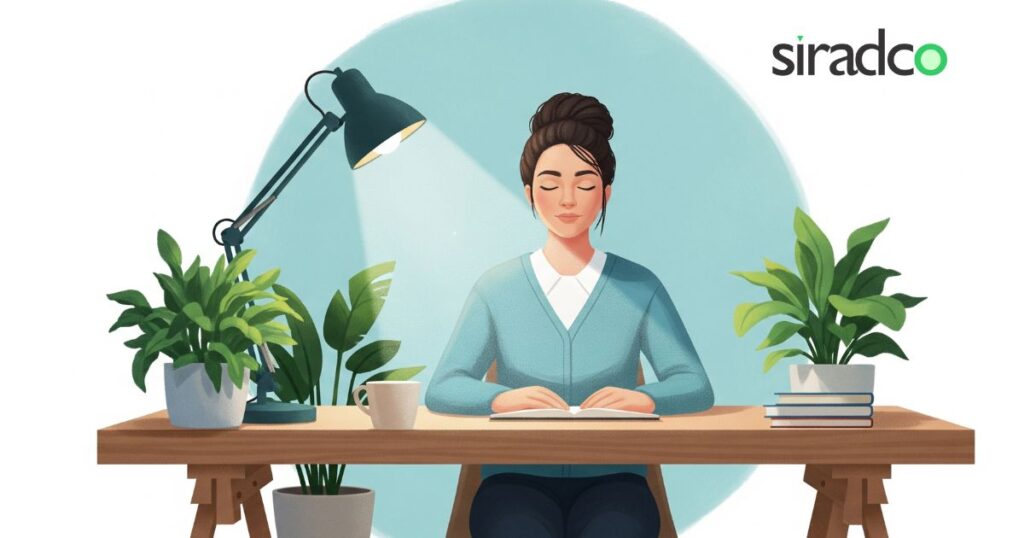 Mindfulness exercises for remote work mental health showing breathing techniques for stress management