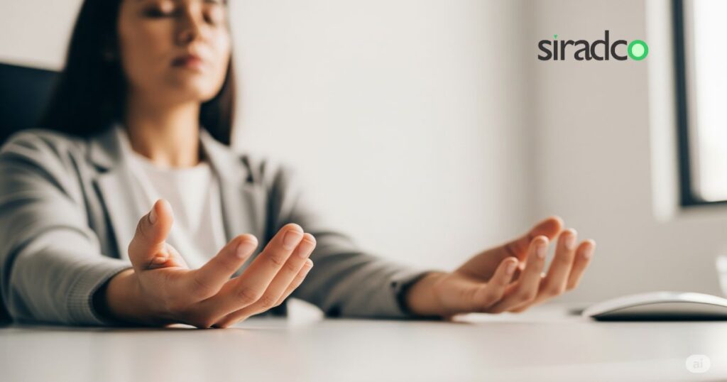 Mindfulness meditation practice at work showing hands in relaxed position for stress management and anxiety relief