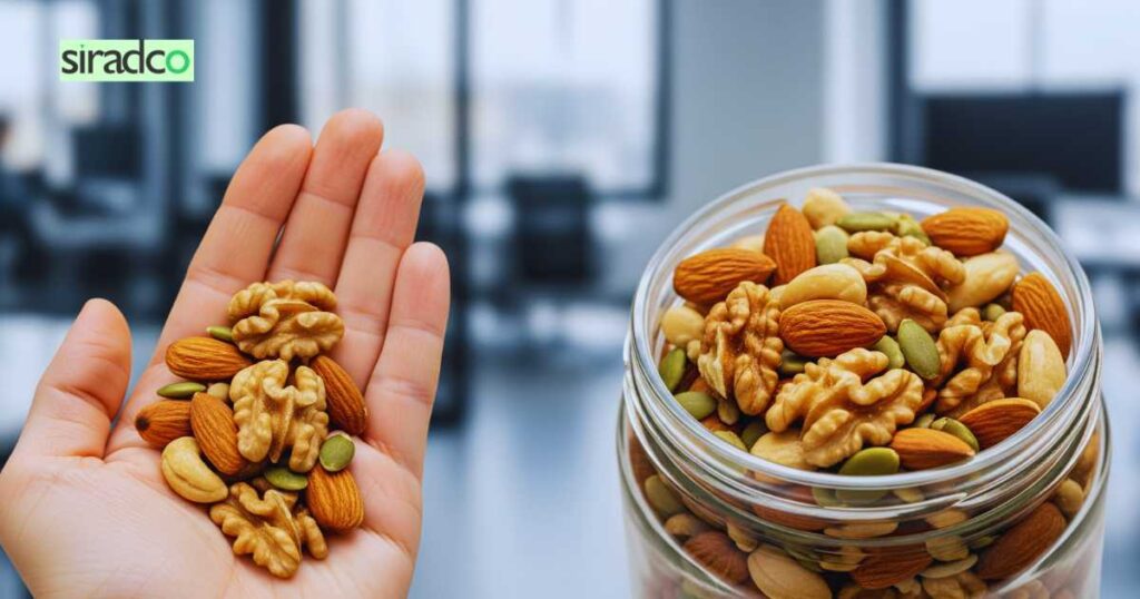 Mixed nuts trail mix in portable container high-fiber healthy desk snacks for sustained workplace energy
