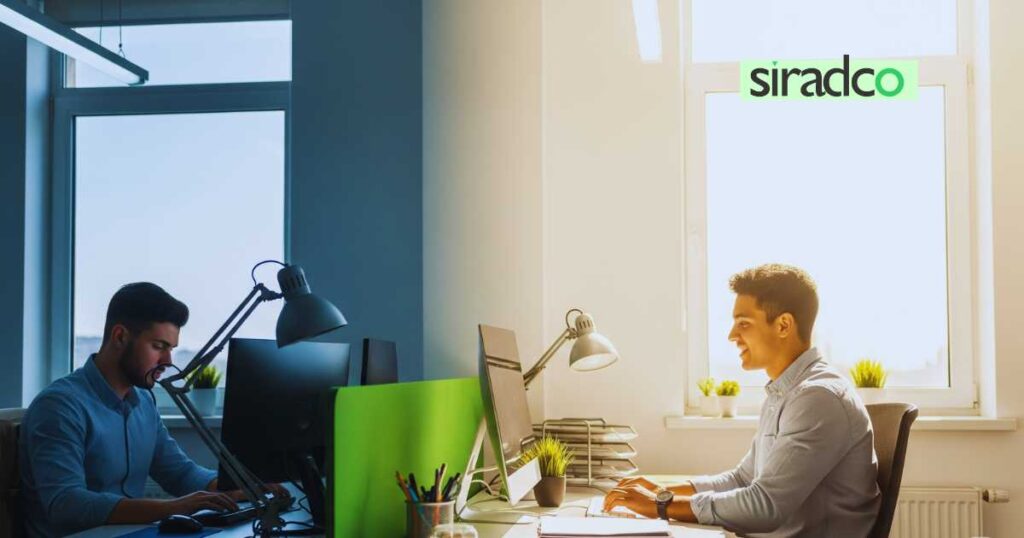 Office lighting comparison showing dim vs bright workspace for preventing afternoon energy crash