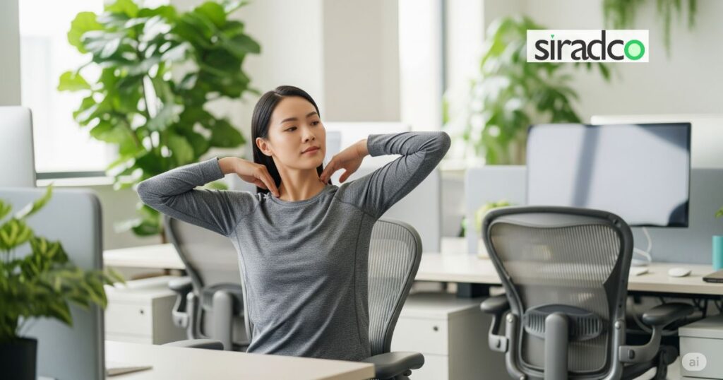 Office worker performing desk stretches and shoulder rolls for natural stress relief and workplace wellness