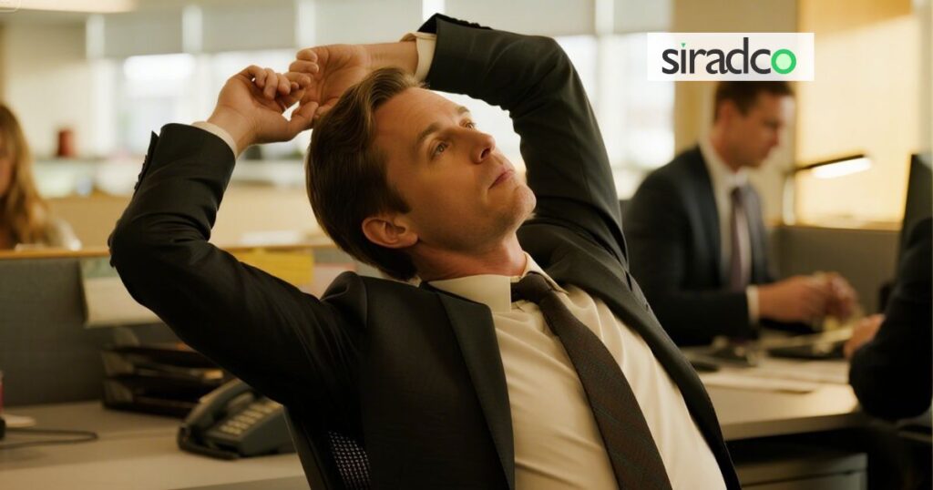 Office worker performing desk stretches as part of work stress management break routine in workplace environment