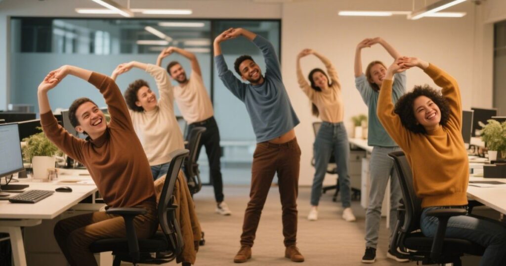 Office workers performing desk stretches and energy-boosting exercises during work break