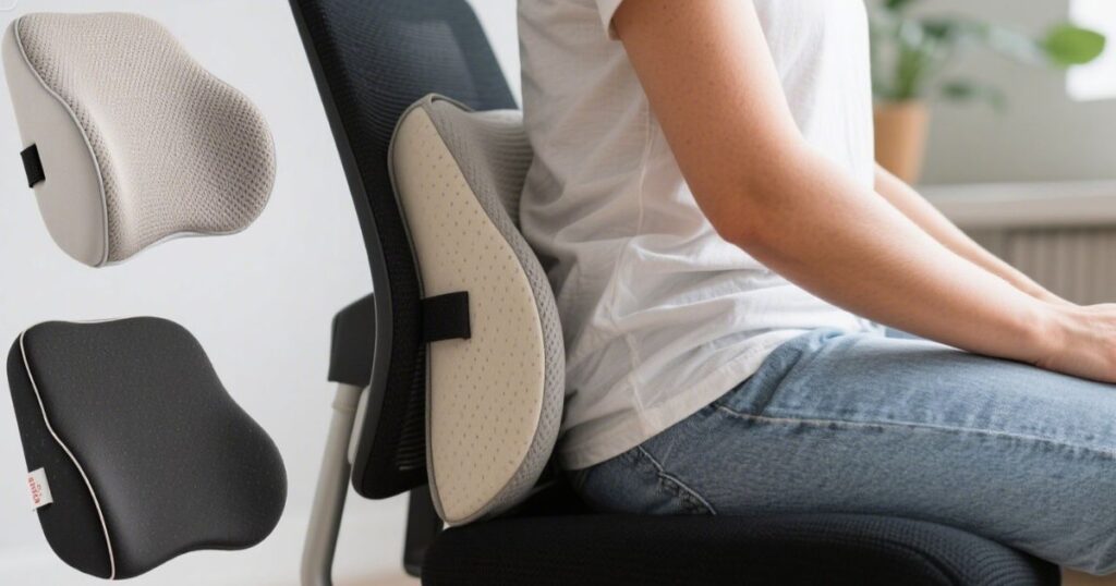 Person using lumbar support cushion for better sitting posture