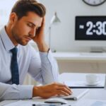 Professional experiencing afternoon energy crash at 2 PM while working at office desk