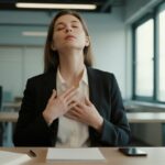 Professional woman practicing deep breathing stress relief techniques at her office desk for work stress management