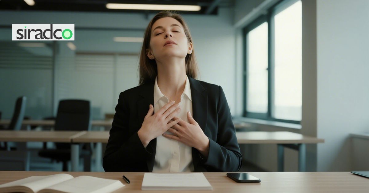 Professional woman practicing deep breathing stress relief techniques at her office desk for work stress management