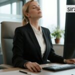 Professional woman practicing work stress management breathing techniques at office desk with calm expression