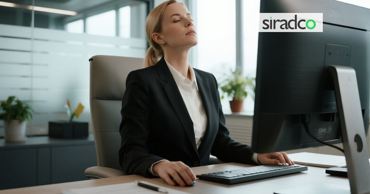 Professional woman practicing work stress management breathing techniques at office desk with calm expression