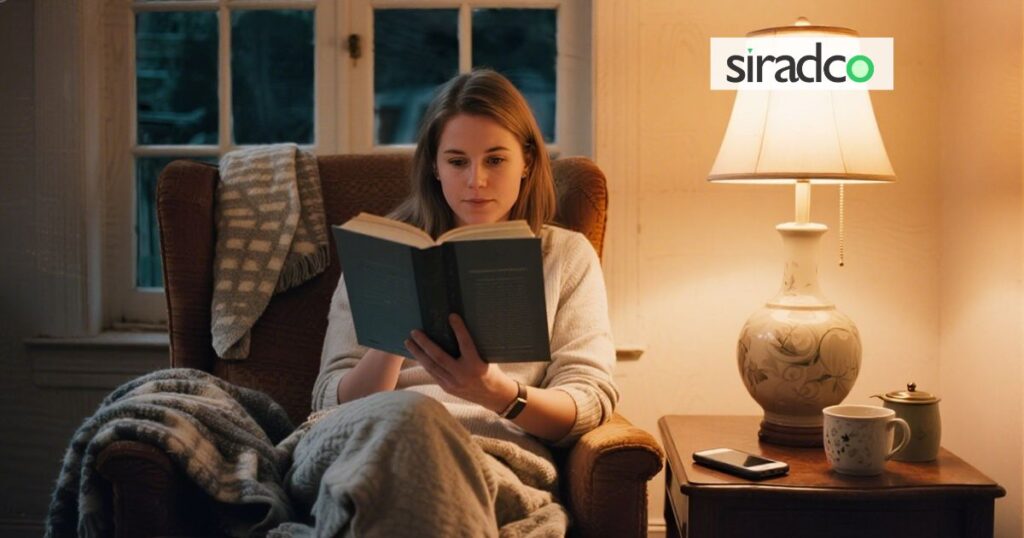 Relaxing evening work stress management routine showing person reading away from devices for better work-life balance
