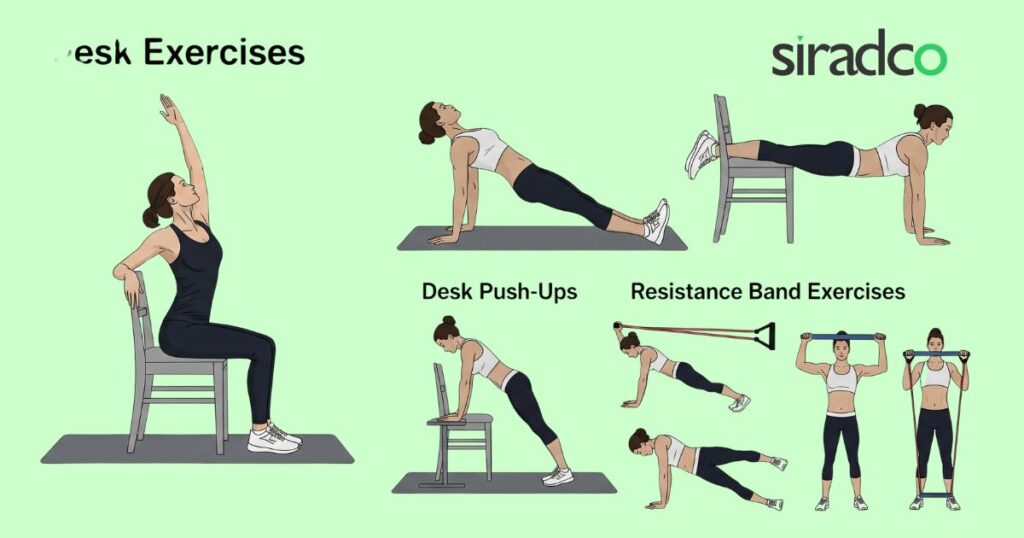 Remote work mental health exercise tips showing desk-friendly fitness routines for working from home