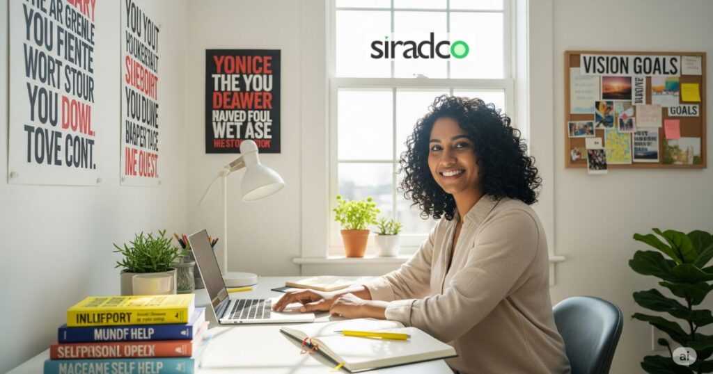 Remote work mental health motivation tips featuring inspirational workspace with vision board and positive affirmations