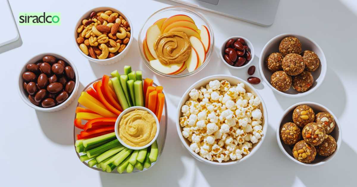 Seven guilt-free healthy desk snacks arranged on office desk for busy professionals seeking workplace wellness