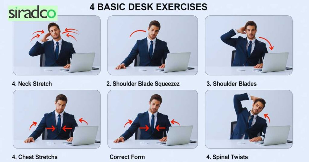 Simple desk exercises to fix bad posture including neck stretches and shoulder blade squeezes demonstrated by office worker