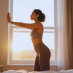 Woman performing morning stretches by window at sunrise for stress relief exercise routine