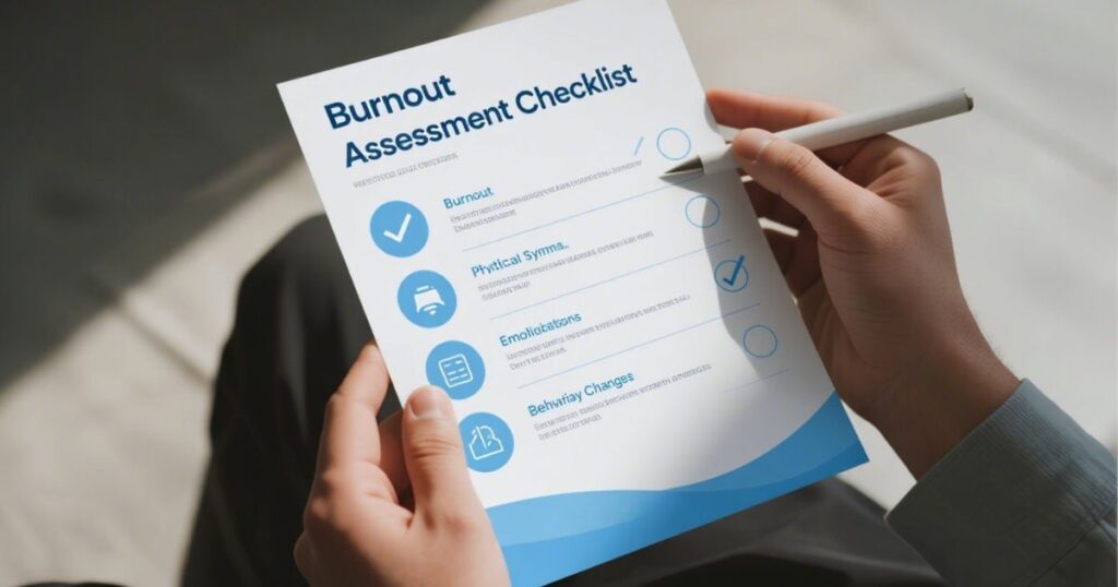Workplace burnout self-assessment checklist infographic with symptoms and warning signs