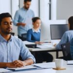 Workplace mindfulness in action for busy employees in modern office