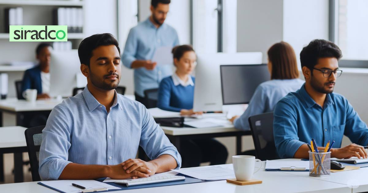 Workplace mindfulness in action for busy employees in modern office