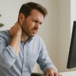 Office worker experiencing neck pain from improper computer screen height setup